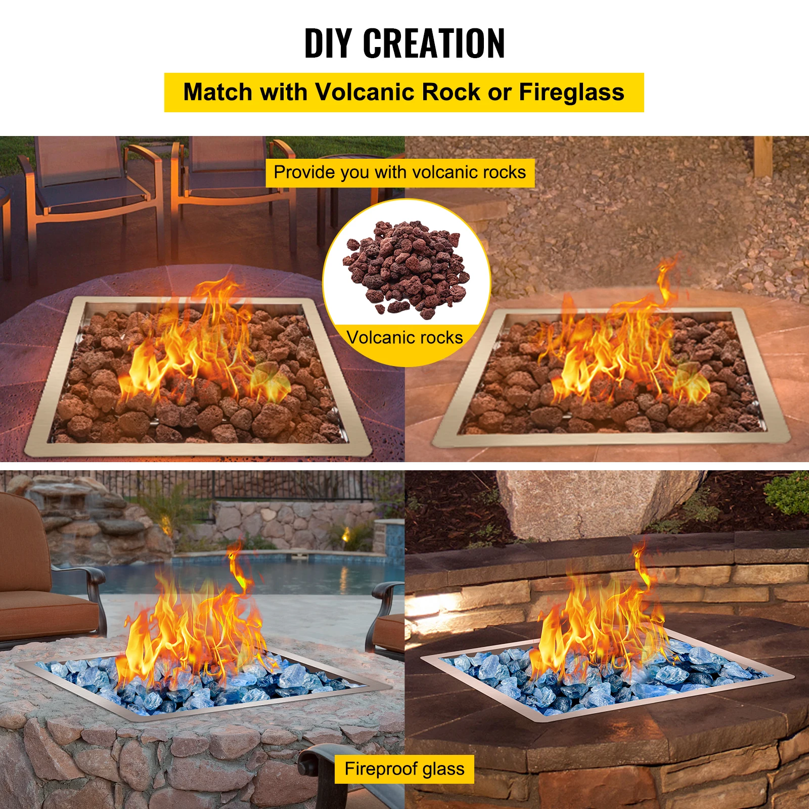 VEVOR Drop in Fire Pit Pan 18" x 18" Square Fire Pit Burner Stainless Steel Gas Pan with 1 Pack Volcanic Rock
