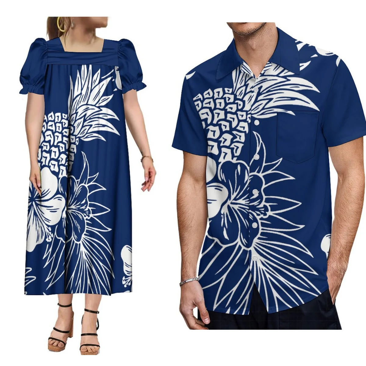 

2024 Summer Women'S Mumu Square Neck Dress Puffy Maxi Pacific Island Design Men'S Shirt Polynesia Paired With A Couple Outfit