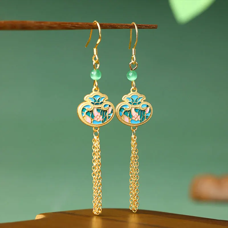 

New Chinese Design Sense 925 Silver Needle Ruyi Lucky Bag Tassel Earrings