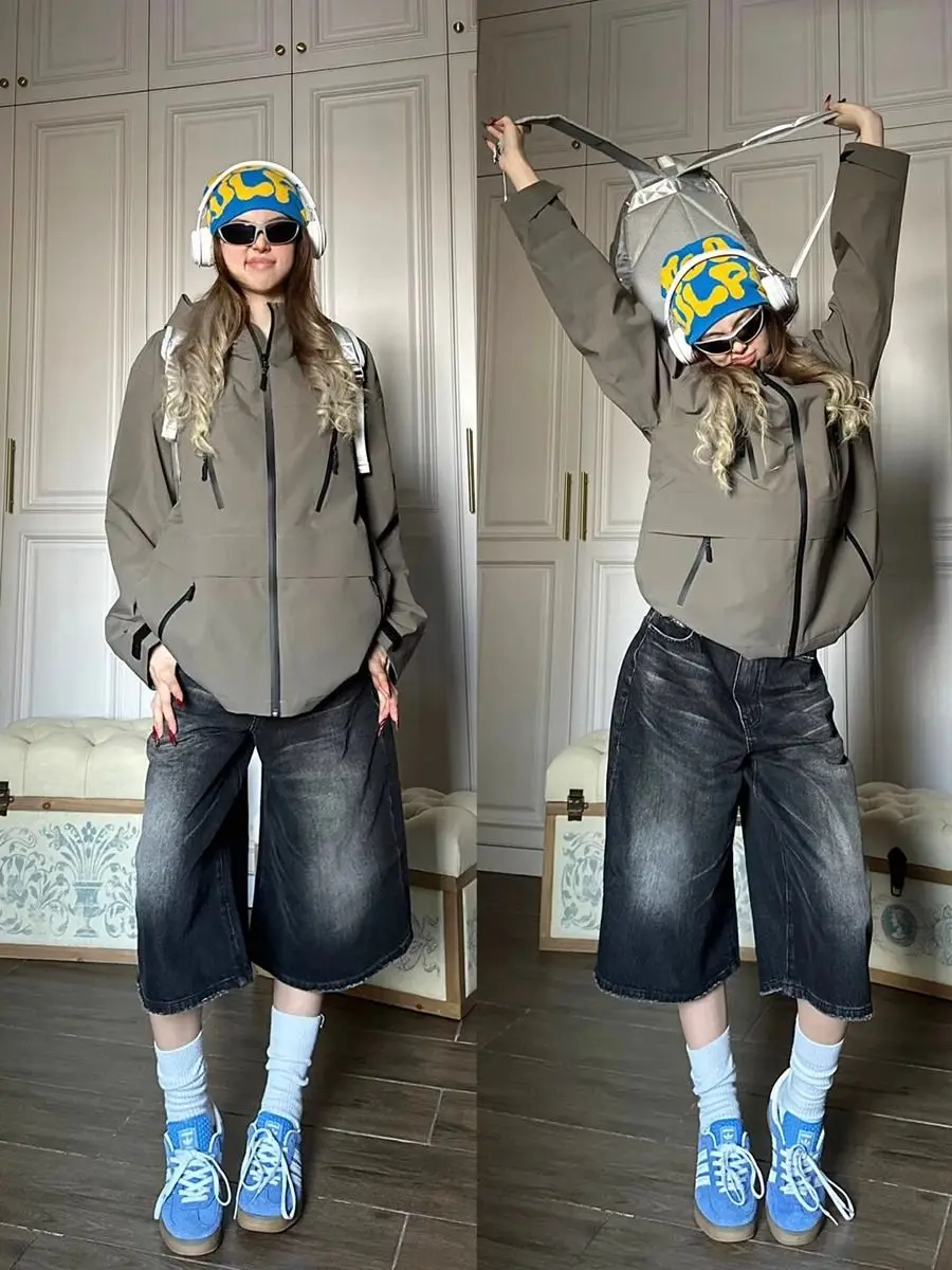 American Retro Black Jeans Style Baggy Denim Shorts Wide Leg Capri  Pants Fashion High Dark Wash Jeans Female Casual
