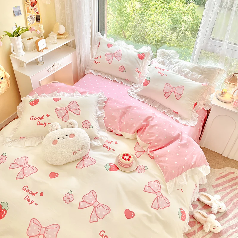 Cotton Bed Four-piece Set 100 Cotton Summer Dormitory Children Girl Bed  Sheet Three-piece Quilt Cover Fitted Sheet - Bedding Set - AliExpress