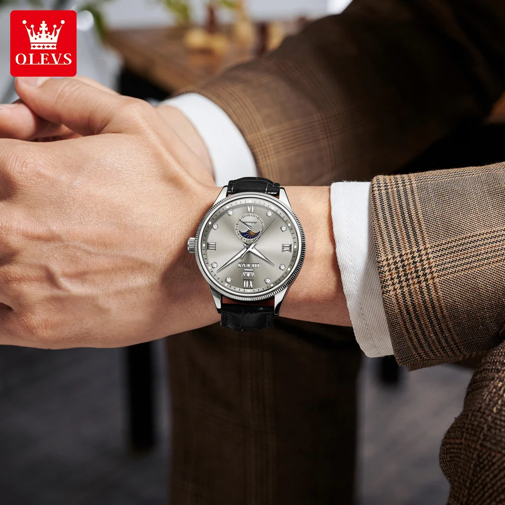 OLEVS 7039 Men's Watch Calendar Moon Phase Diamond Luxury Mechanical Dress Watch For Men Luminous Waterproof Man Wristwatch