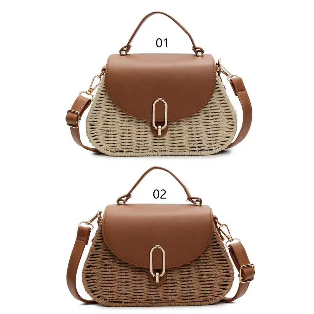 Straw Beach Bag PU Leather Summer Shoulder Bag Flap Handbag Handmade Clutch Purse for Women