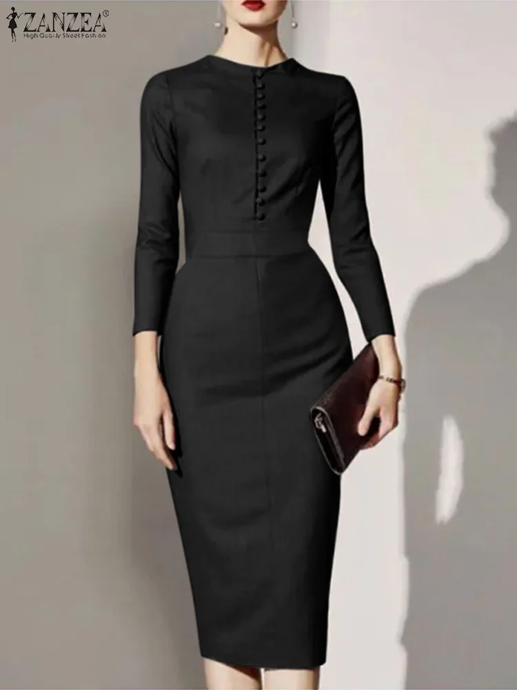 

ZANZEA Woman Elegant Bodycorn Dress Spring Long Sleeve Stand Collar Dresses Fashion Solid Color Sundress Vintage Party Midi Robe