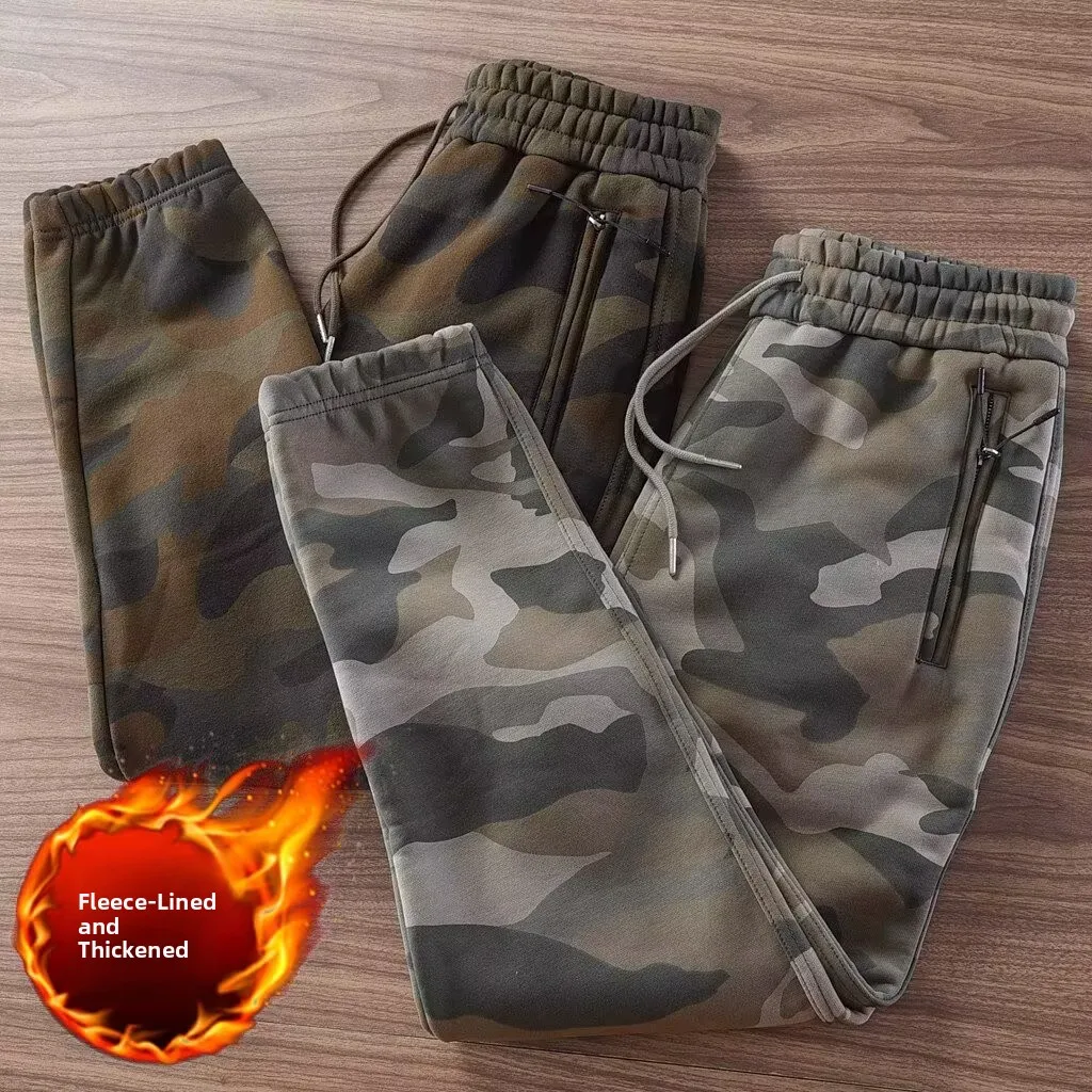 Men's Casual Camouflage Work Pants Fleece Lined Loose Fit Trousers for Spring Autumn Outdoor Workwear with Pockets Zipper