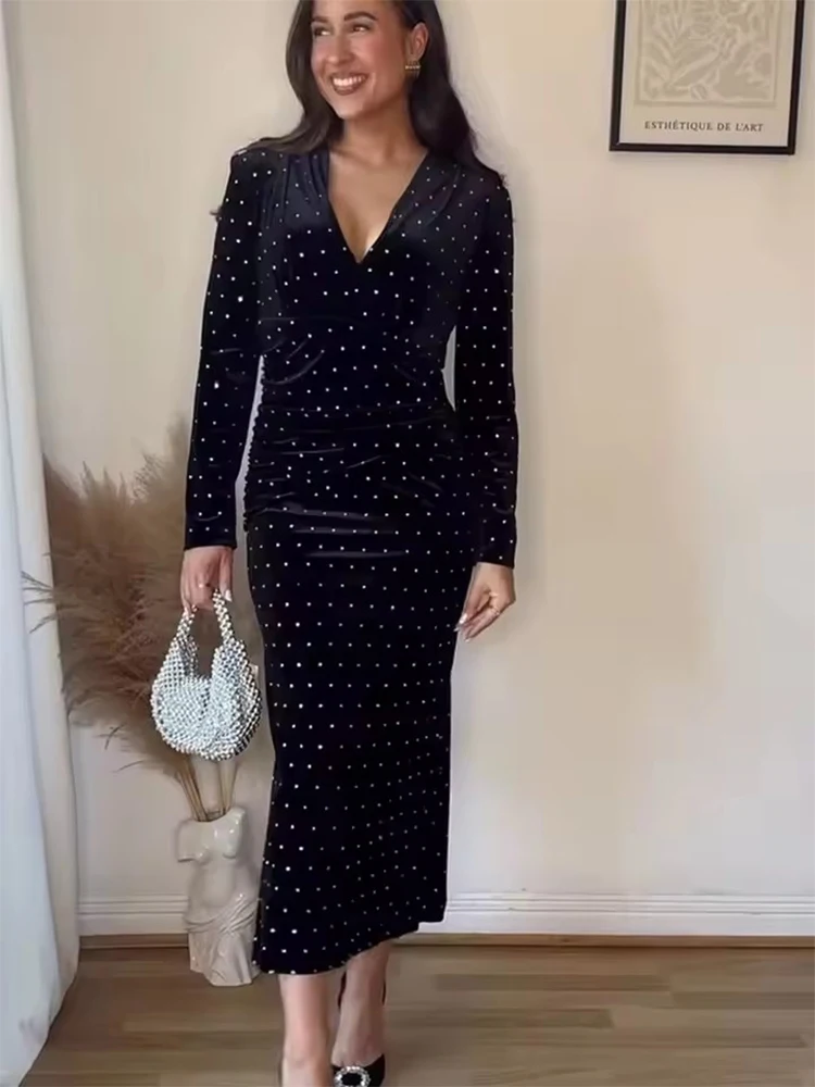 Chic Bright Bead Elegant Long Dresses For Women 2025 Fashion Velvet V neck Midi Dress Lady Long Sleeve Evening Party Dresses ﻿
