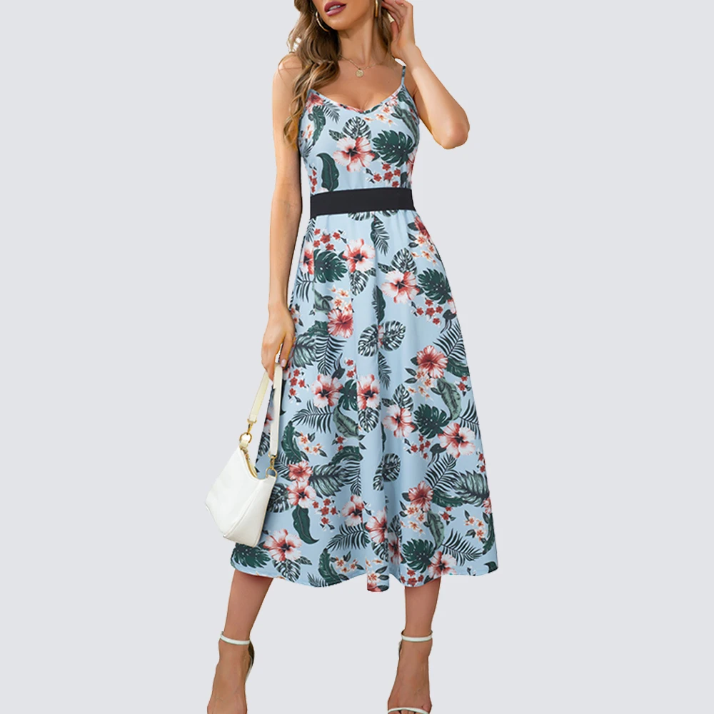 

Women Retro Elegant V Neck Spaghetti Strap Lace Up Bow Print Flowy Shift Midi Dress HA300