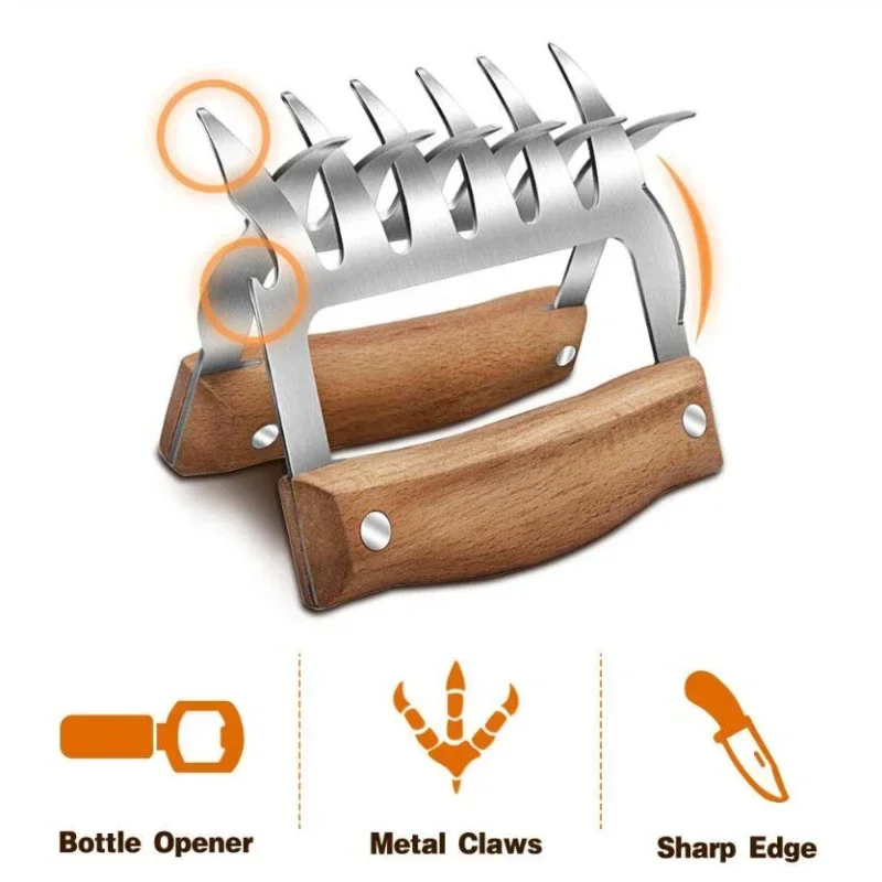 Barbecue Meat Shredder 1/2pcs Stainless Steel Wood Handle BBQ Meat Claws Bear Claws Barbecue Fork Bbq Accessories Kitchen Tool