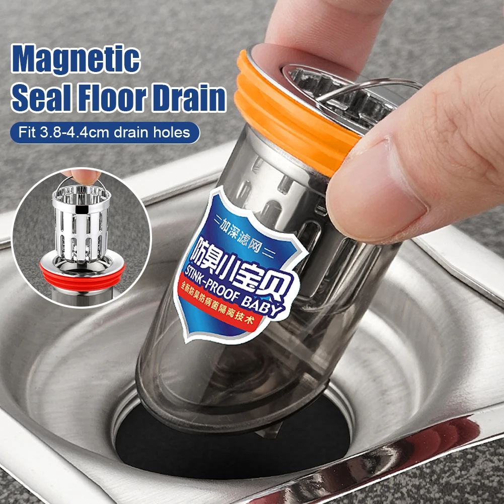 

Bathroom Kitchen Floor Drain Anti-Backflow One-Way Drain Strainer Magnetic Seal with Removable Hair Catcher Basket Anti-Odor