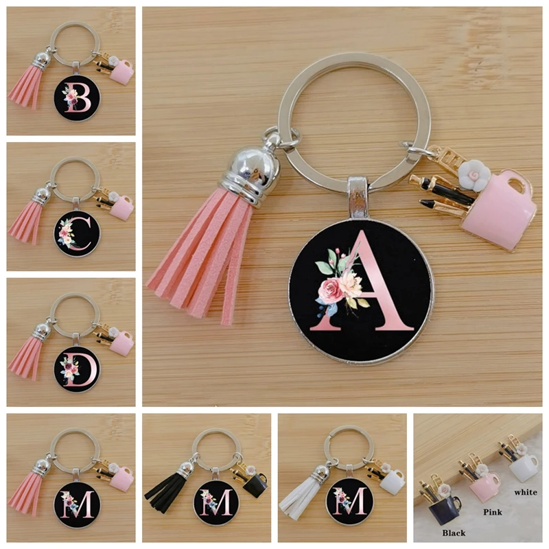 Mode Quaste Schlüsselanhänger DIY Schlüsselanhänger A-Z Anfangsbuchstabe Blume Brief Handtasche Anhänger süße männliche und weibliche Schlüsselanhänger Zubehör