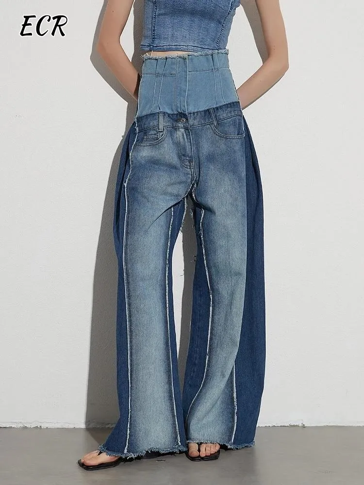 ECR Hit Color Patchwork Pocke Jeans For Women High Waist Spliced Raw Hem Loose Streetwear Wide Leg Denim Pants Female Fashion 