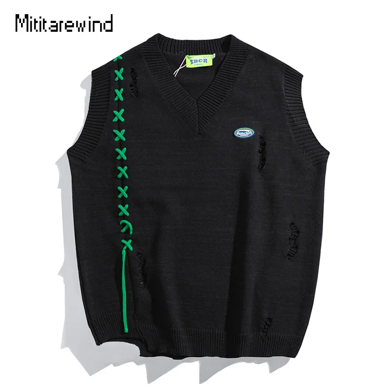

Spring Autumn Sweater Vest Men Lovers Bandage Hole V-neck Pullover Sweater Vest Men Women Hip Hop Streetwear Couple Knitwear