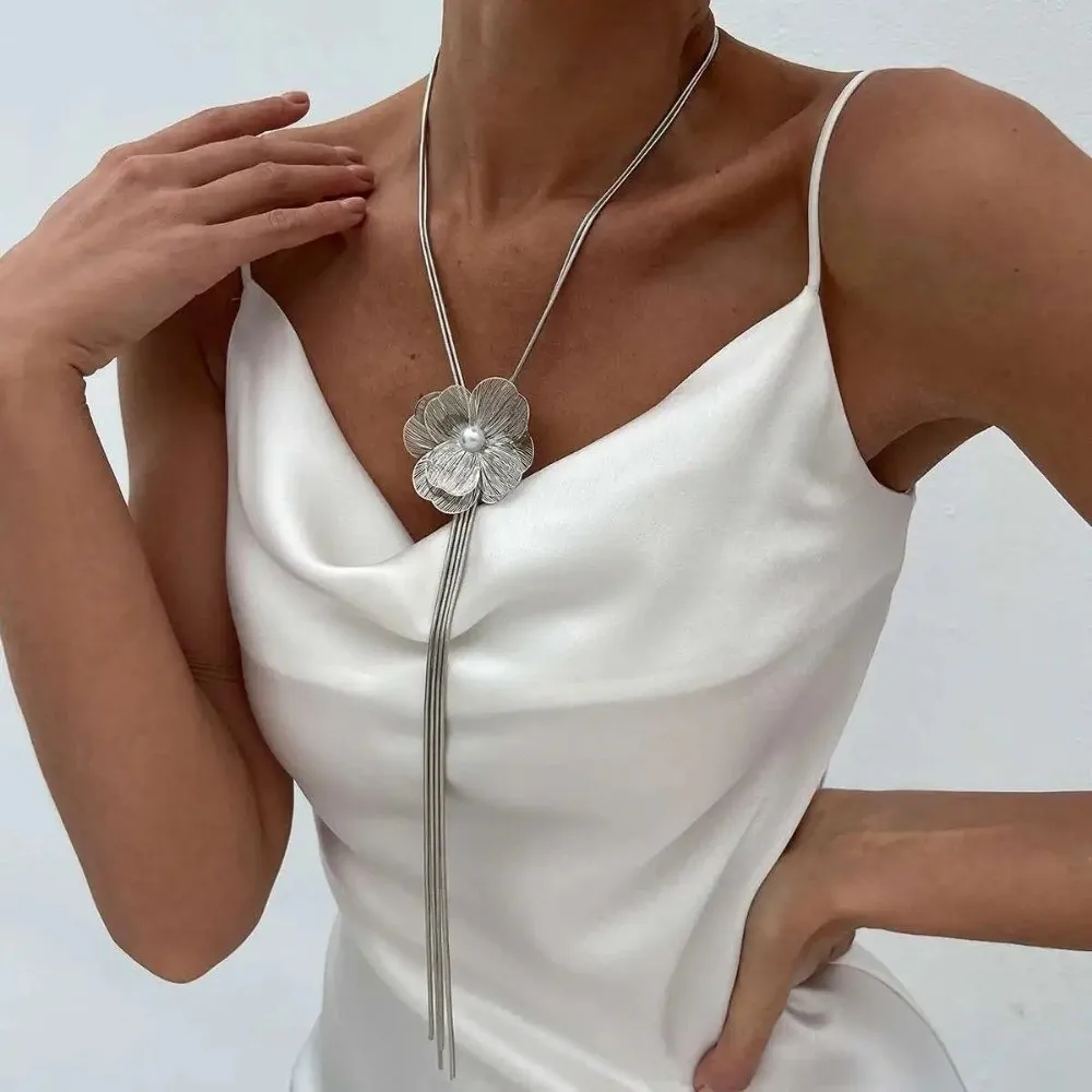 Trendy Long Tassels Chest Chain Pearl 3D Flower Pendants Necklace Sweater Chain For Women