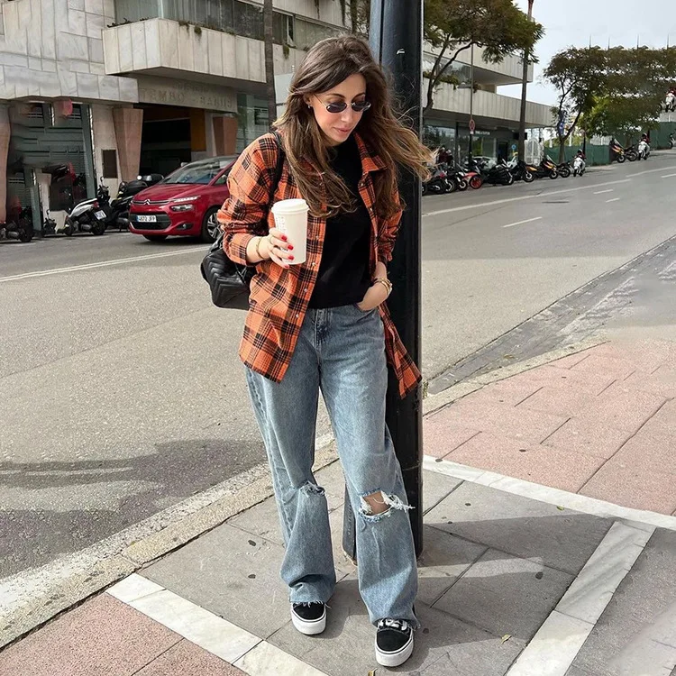 Casual Vintage For Women Shirts Outwear Lapel Fashion Loose Patchwork Streetwear Long Sleeve Striped Female Cardigan Coat