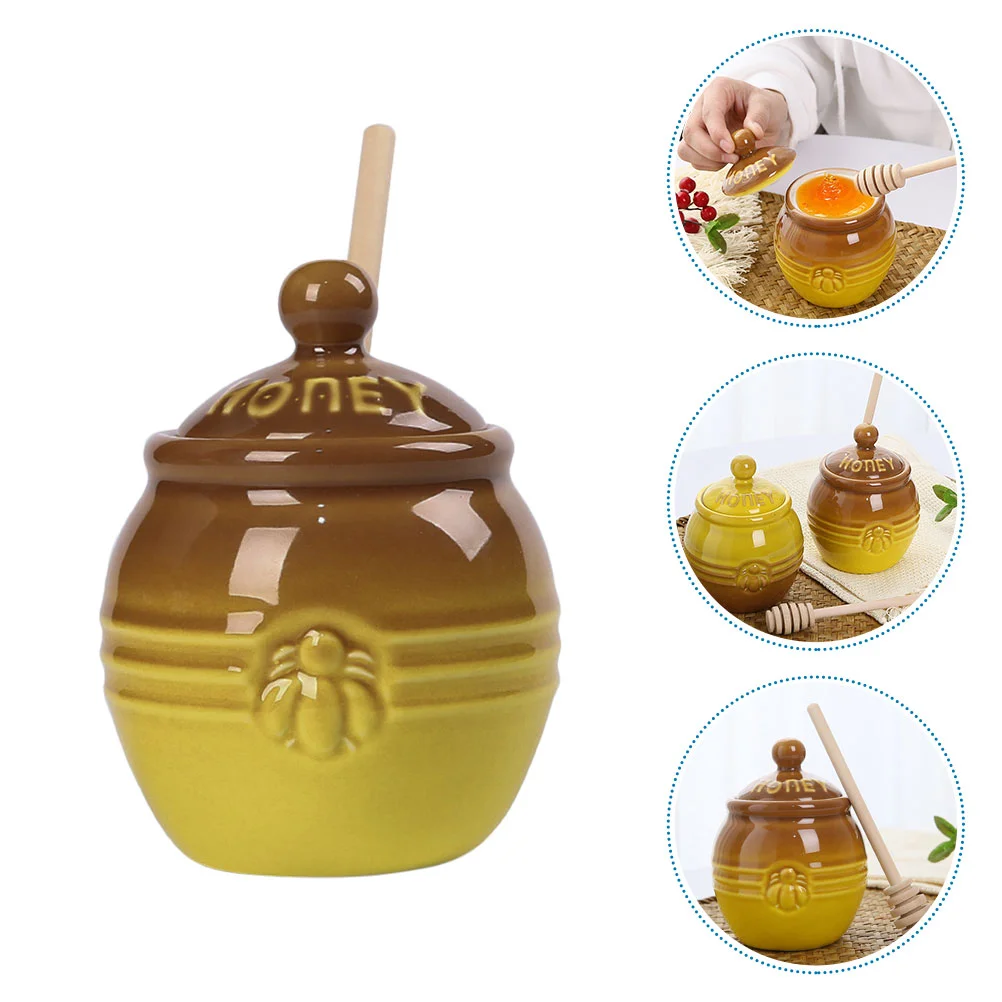 

Ceramic Honey Pot with Dipper and Lid Retro Honey Dispenser for Home Syrup Candy Jar and Tea Storage Canister