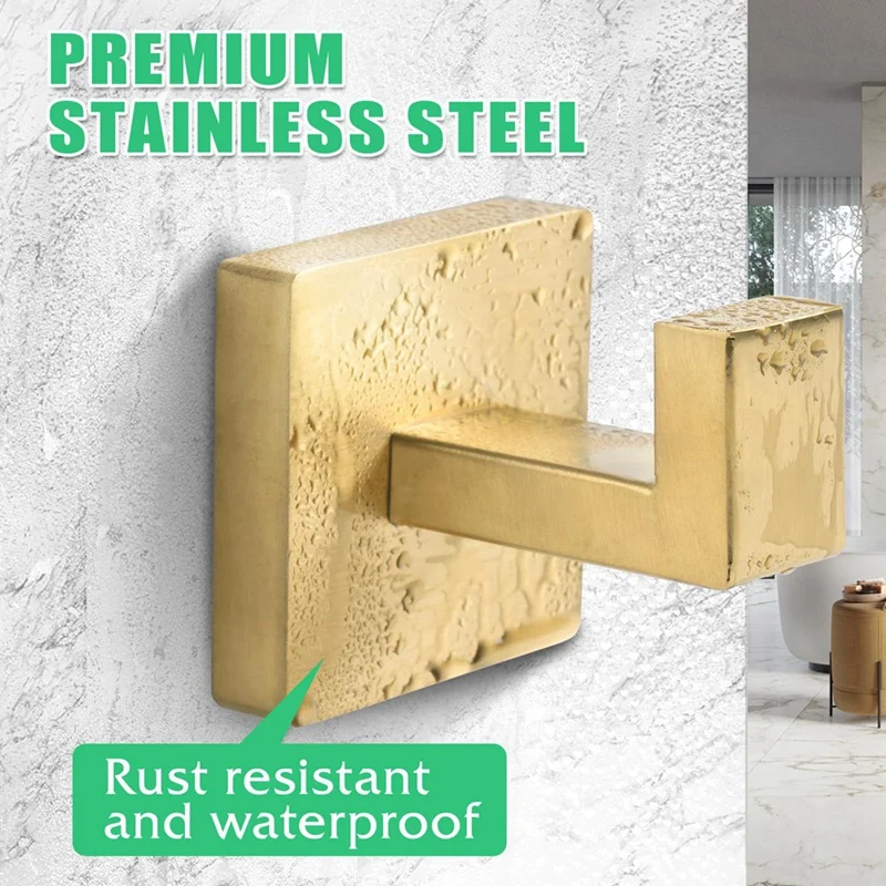 2 Piece Towel Hooks Robe Hook Coat Hook Gold Stainless Steel Heavy Duty Bathrooms Square Hooks Wall Mounted For Bathroom