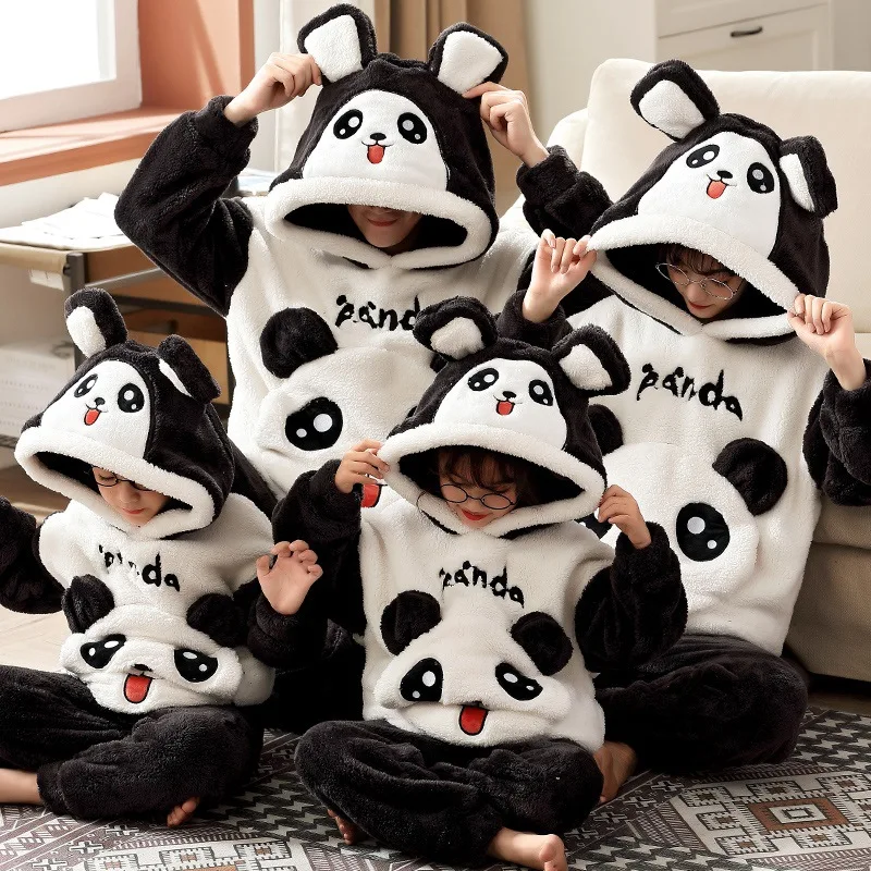 thumbnail image 1 of Conjuntos de Pijamas gruesos para padres e hijos, ropa de dormir de Anime para hombres y mujeres, ropa de dormir de dibujos animados de gato, trajes coreanos con capucha para invierno, 1 of 5
