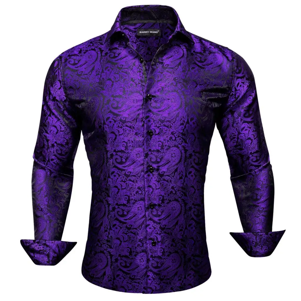 

Desinger Shirts for Men Silk Purple Paisley Long Sleeve Sping Autumn Slim Fit Male Blouses Lapel Casual Tops Barry Wang