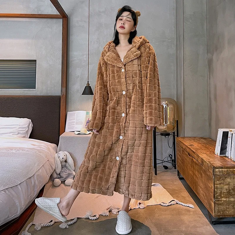 

Couple Loose Thick Winter Sleepwear Black Nightgown Flannel Nightwear 3-layer Quilted Keep Warm Women's Home Clothes Bath Robe