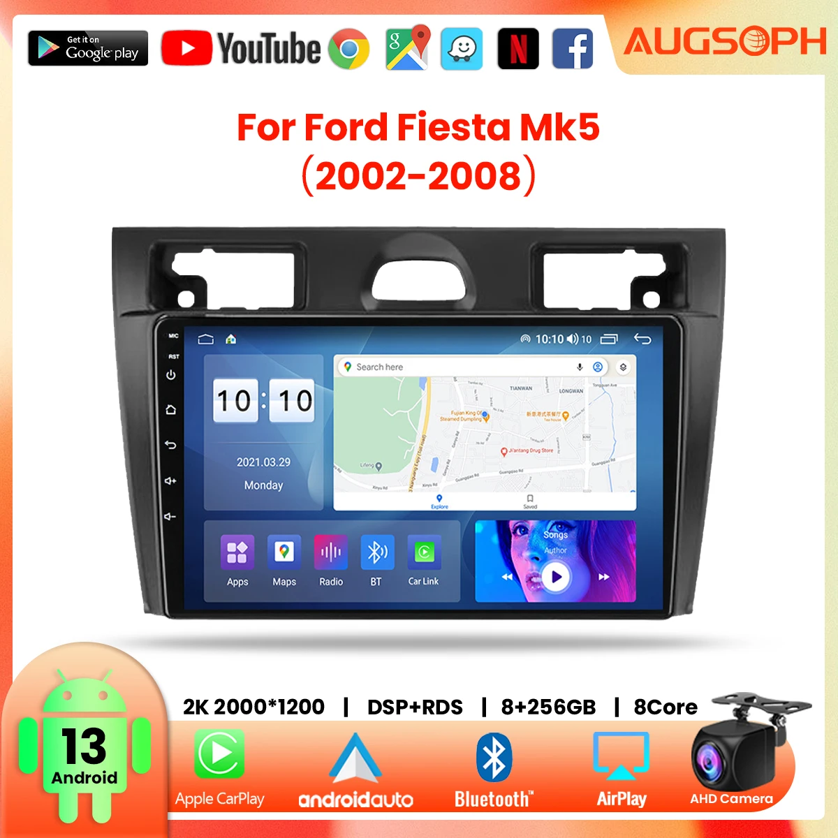 

Автомобильный радиоприемник Android 13 для Ford Fiesta Mk5 2002-2008, 9 дюймов 2K мультимедийный плеер с 4G Car Carplay и 2Din GPS