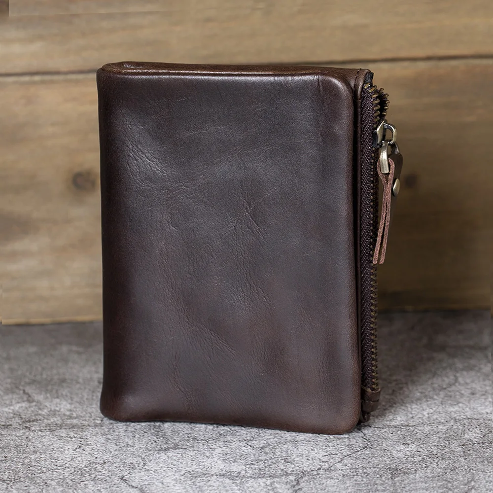 Robuste, ölbraune Leder-Geldbörse für Herren mit seitlichem Reißverschluss, Münzfach, Retro-Geldbörse für Herren, Geldbeutel, Herren-Clutch, kurz