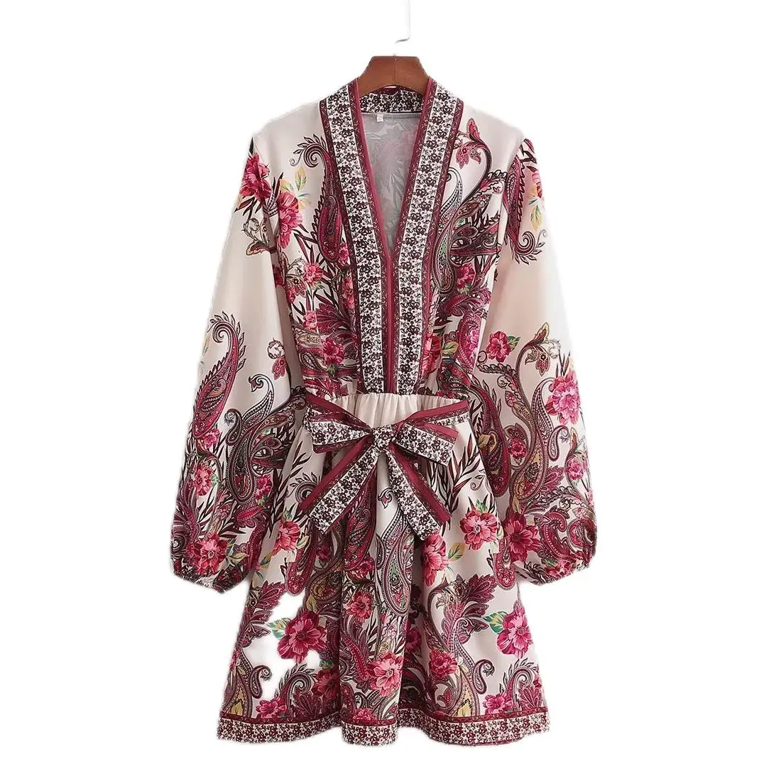 

Printed Mini Dress Women Spring 2024 New Clothing Full Sleeve Belt Vestidos Modern Girl Casual Wears