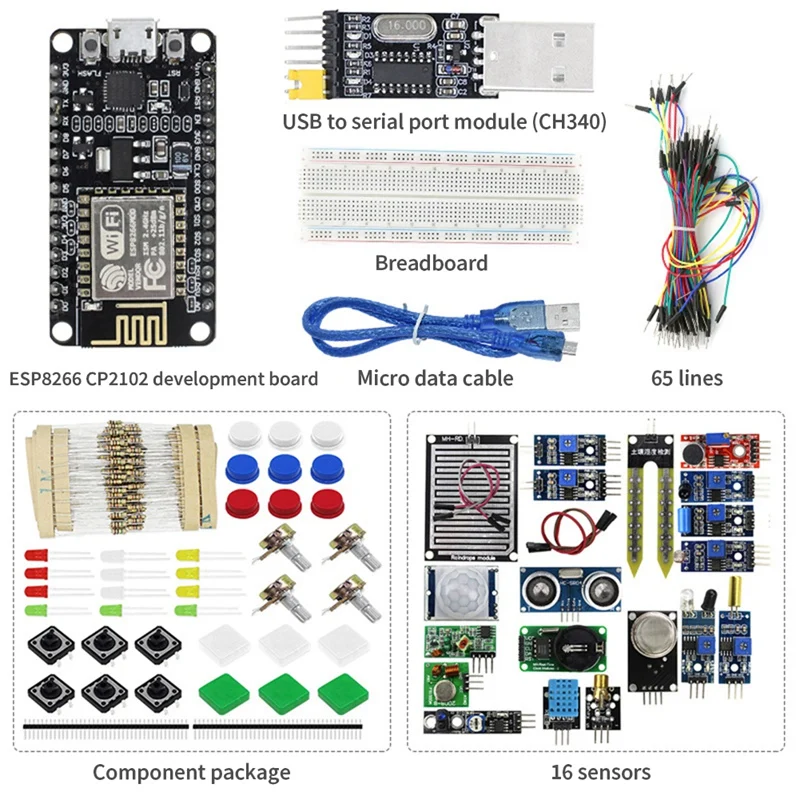

ESP-12E ESP8266 CP2102 черная макетная плата + 16X Датчики + деталь флейта + модуль последовательного порта USB + 65 перемычек + доска для хлеба