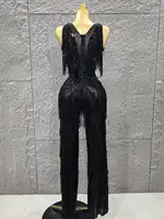 Combinaison moulante sans manches pour femmes, couleur noire, Sexy, col en v, glands brillants, tenue de scène pour fête d'anniversaire, performance 6