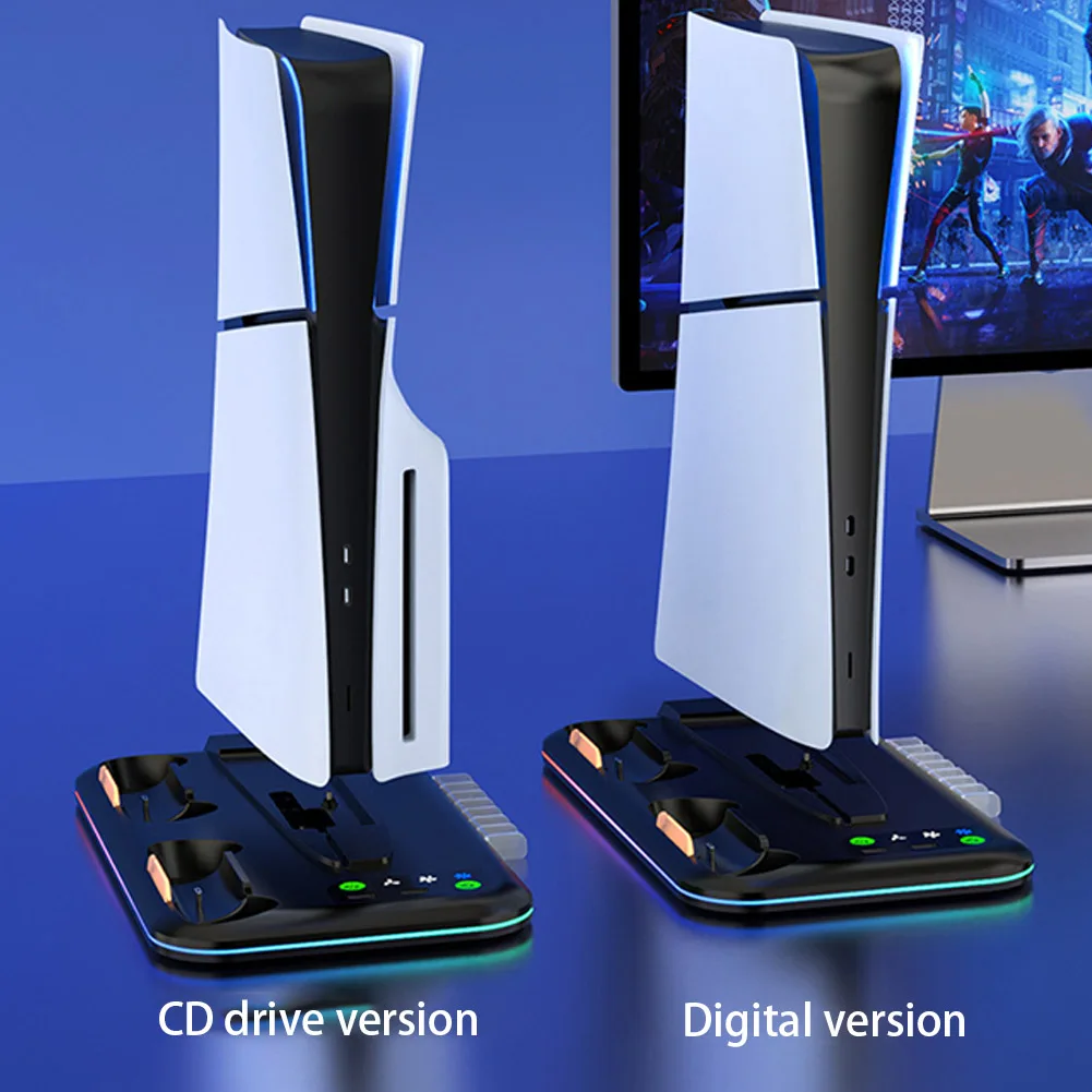For PS5 Slim Console Cooling Stand Controller Charging Dock with Headset Hook USB HUB for Playstation 5 SlimDisc&Digital Edition