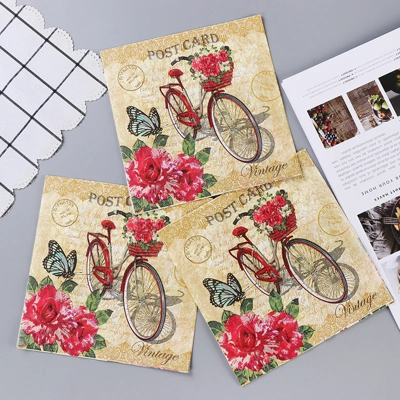 Paper Napkins Tissue Paper Decoration 20pcs/Pac Retro European Bicycle Printing Napkins Colorful Paper Towels Pure Wood Pulp Paper Party Decoration Paper Placemats