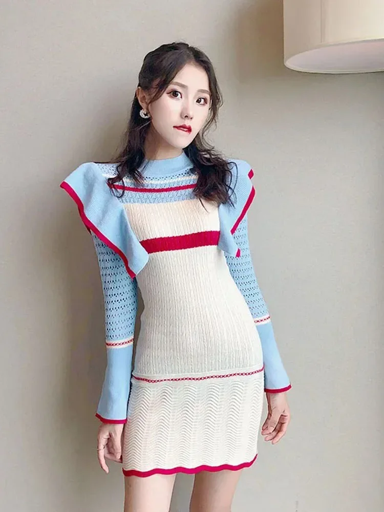 

Women's Knit Dress Autumn Winter Long Sleeve Turtleneck High Waist Slim Mini Pencil Sweater Vestidos Bodycon Female LS167