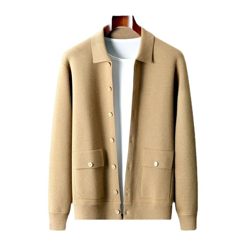 

100% Wool Men's Lapel Knit Cardigan Autumn and Winter Thickened Long Sleeved Suit Shirt Cashmere Sweater Jacket Coat