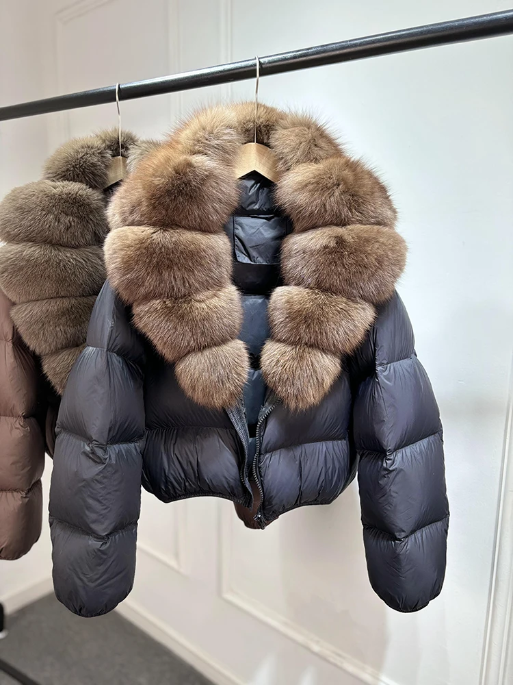 Janveny 2025 New Puffer Jacket Women With Large Natural Fox Fur Collar Short Fluffy Thick Parkas Female 90% White Duck Down Coat