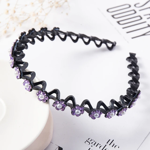 Fashion Pearl Non-Slip Rhinestone Hairbands Elastic Flower Women Hair Hoop Bands Headband Bezel Girls Hair Accessories Headdress purple pearl