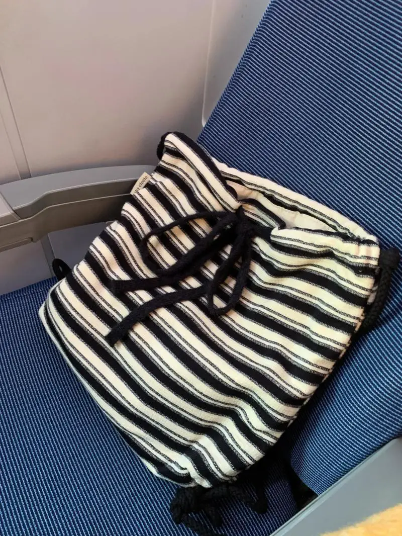 JIAERDI Harajuku Striped Casual Mini Backpack Women Retro Drawstring Canvas Backpacks Ladies Vintage Portable Mochila Aesthetics