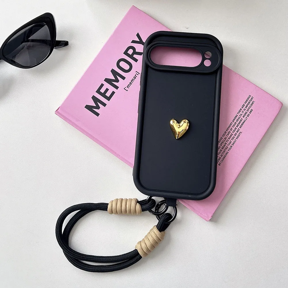 3D Gold Heart Love Wrist Strap Phone Case Cover