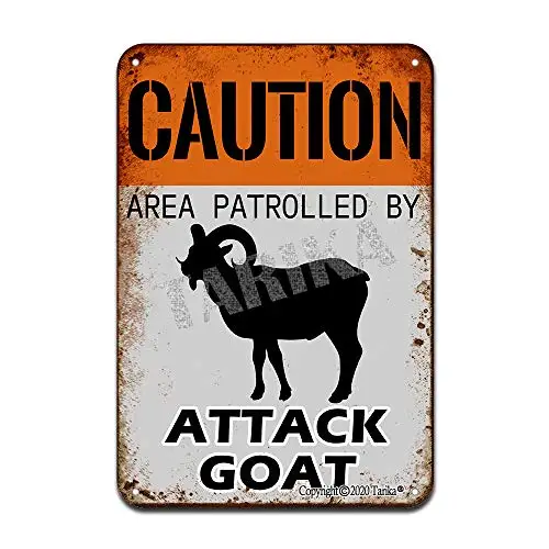 

Caution Area Patrolled by Attack Goat Iron Poster Painting Tin Sign Vintage Wall Decor for Cafe Bar Pub Home Beer Decoration