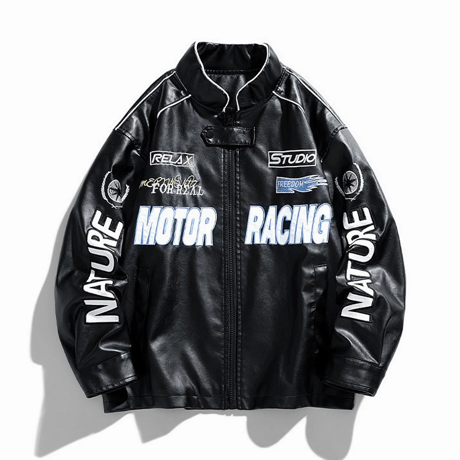 Men Moto Biker Jacket Embroidered varsity Leather jacket oversized Faux Leather Coat Spring Autumn PU Windbreaker Racing Outwear