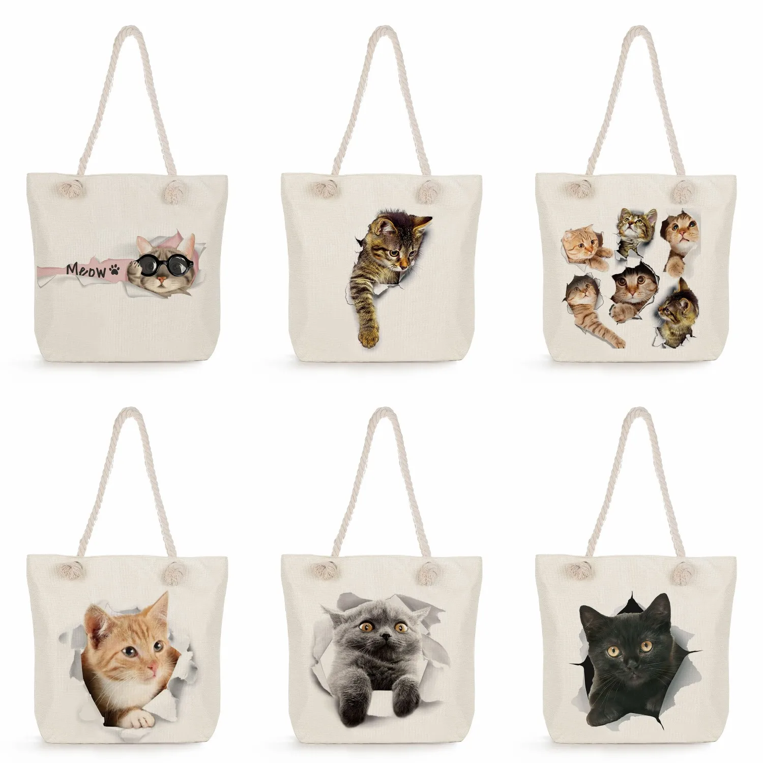 

Handbags Polyester Fabric Shoulder Bag Storage Eco Reusable Cartoon Broken Wall Cat Print Women Shopping Bag Grocery Tote Bags