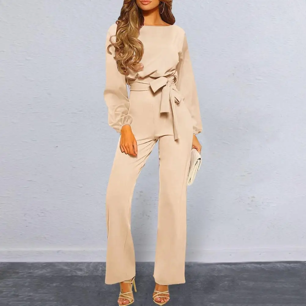 

Long-sleeved Jumpsuit Elegant Lace-up Belted Women's Jumpsuit with Wide Leg Long Sleeve Stylish Ol Commute Style for Spring