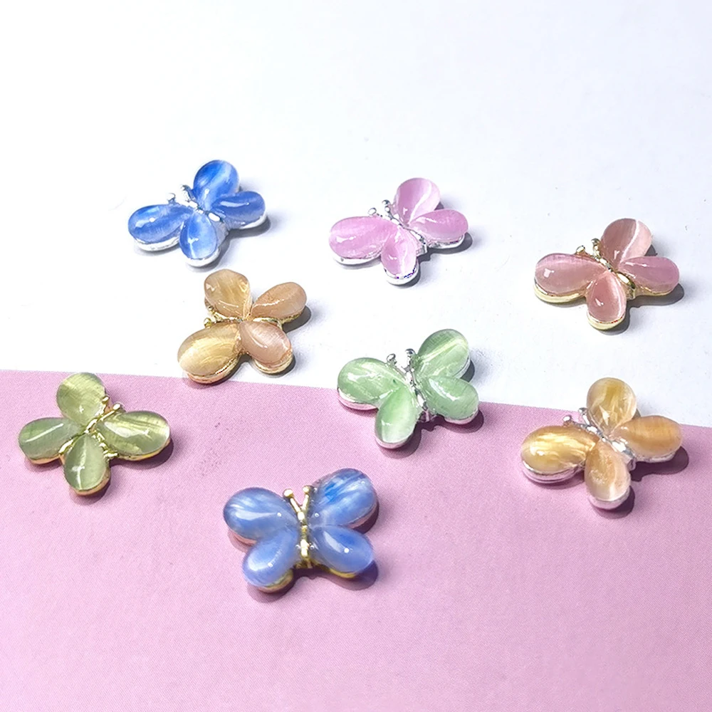 

100pc Kawaii Fat Butterfly Metal Nail Decorations Pudsy Wing Cat Eye Stone Alloy Parts Korean Butterfly 3D Fingernails Ornaments