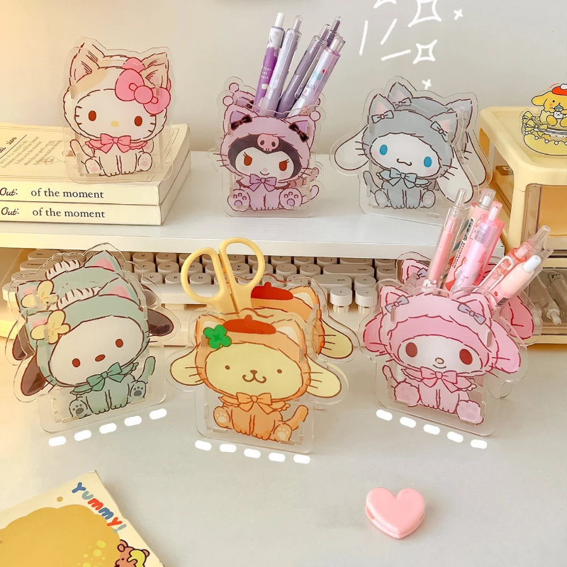 Pen Holder Cute Acrylic Sanrio Pen Holder Transparent Multifunctional Children's Desktop Large Capacity Stationery Storage Box Organizer