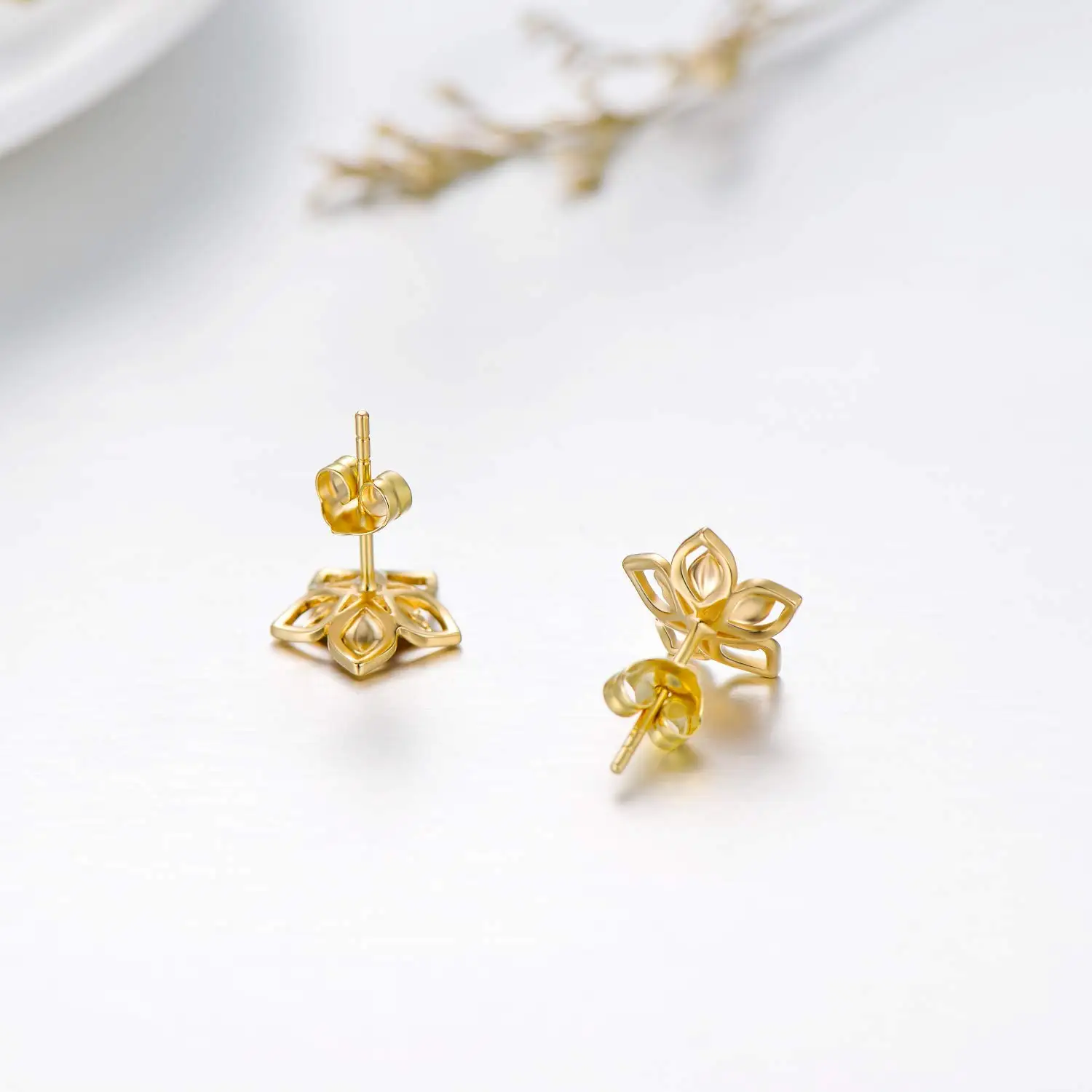 YFN 14K Solid Yellow Gold Flower Stud Earrings With Push Backs Real Gold Elegant Jewelry Gift