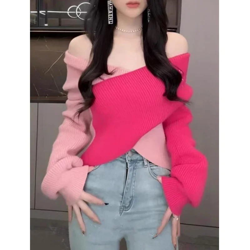 Autumn New Women's Long-sleeved V-neck Sweater Fashionable Off-the-shoulder Cross-color Matching Slim-fitting Knitted Top