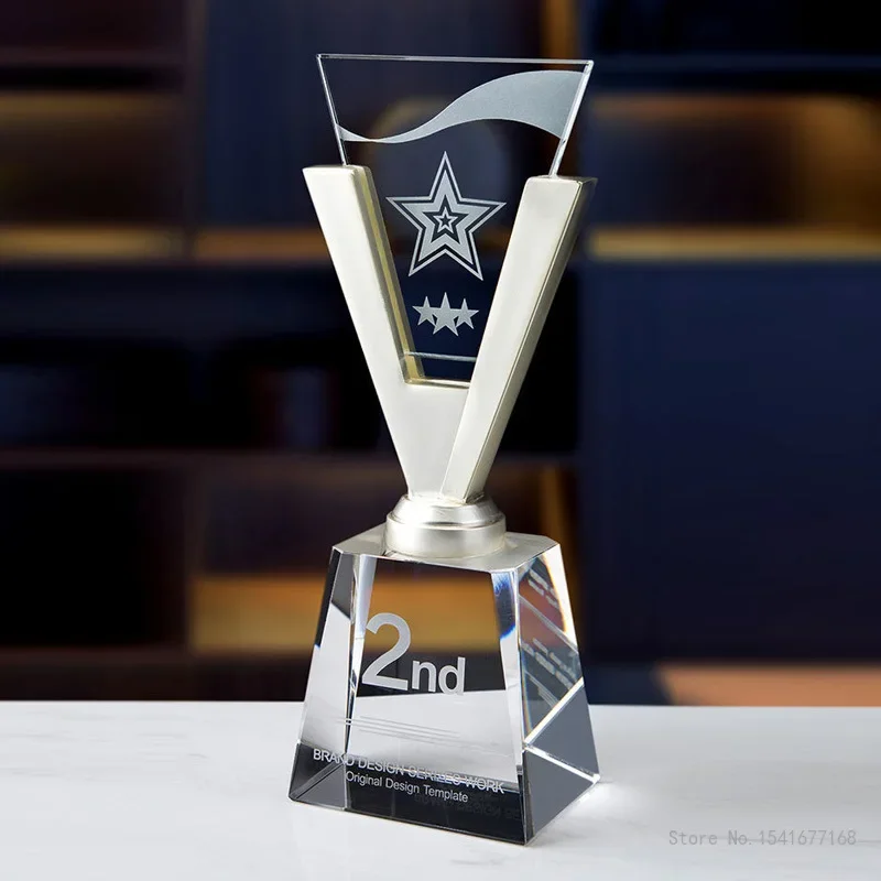 Customized V-shaped Crystal Trophy, Body Metal, Custom Gold, Silver Bronze, Annual Conference Award, Home Office Decoration, 1Pc
