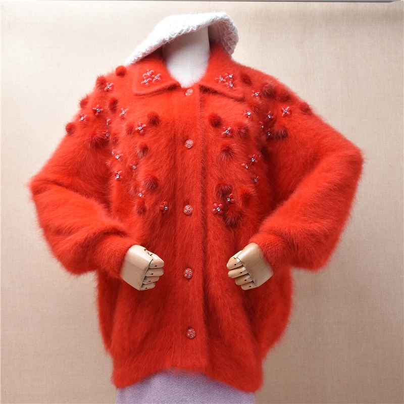 

Top Quality Elagant Vintage Female Women Fall Winter Red Hairy Angora Rabbit Hair Knitted Beading Embroidery Loose Cardigan Coat