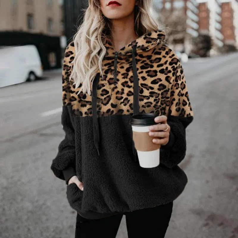 

Casual Loose Plush Leopard Patchwork Hoodies Women Zipper Tops Long Sleeve Drawstring Hooded Warm Sweatshirt With Pockets Autumn