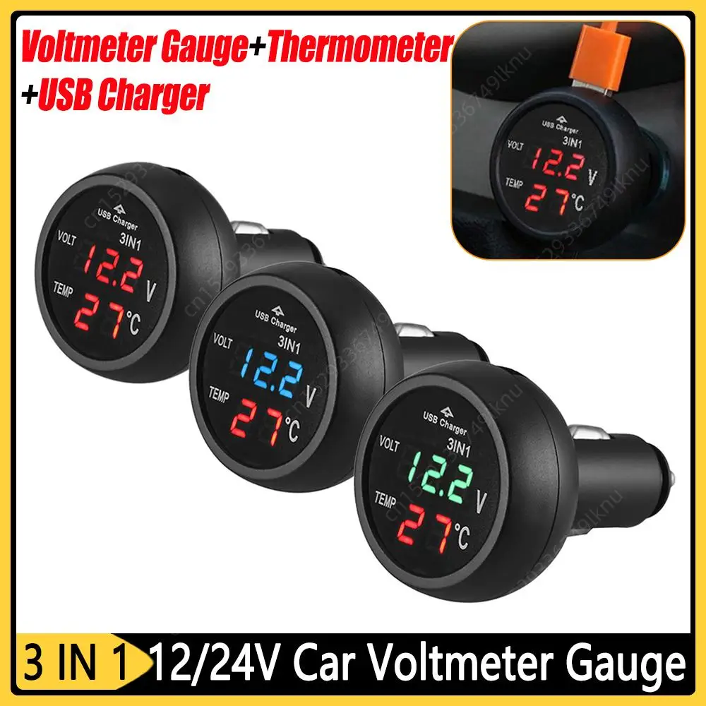 Car Charger 3in1 12/24V Voltmeter Thermometer USB Charger Switch Auto LED Digital Monitor Display Current Meter Volt Detector car charger