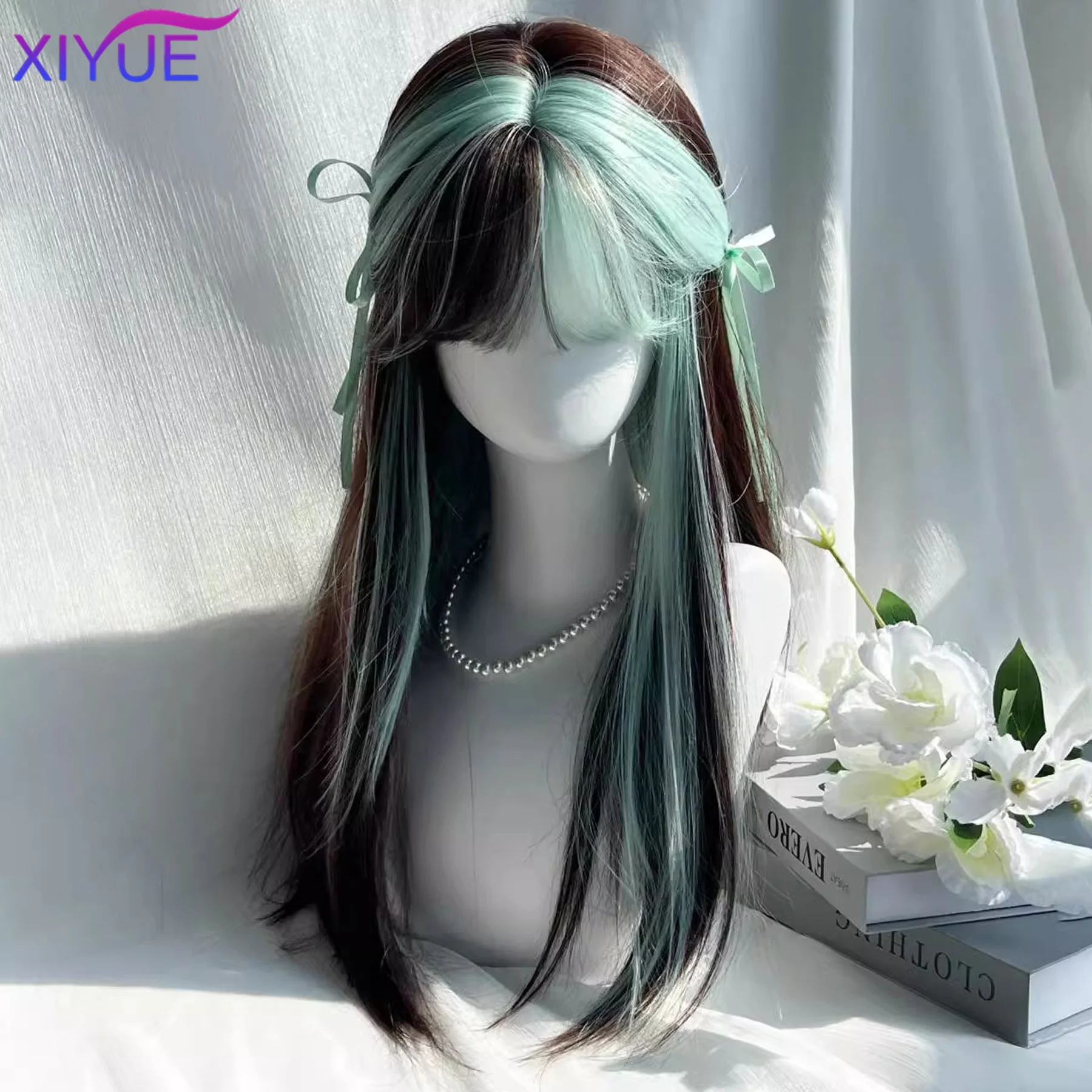 XIYUE Synthetic Lizard Green Bangs Highlighted Wig Black Green Fluorescent Green Y2K Top Dyed Clavicle Hair Wig For Women