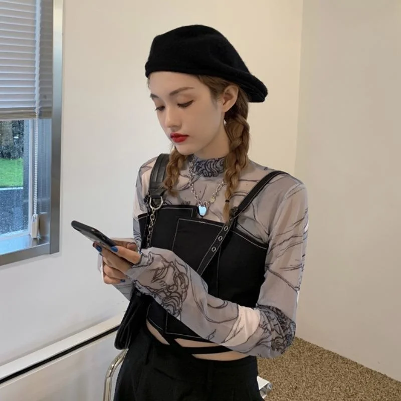 

Fashion Women's Printed High Neck Shirt Top Design Vest Two-piece Blusas Clothes for Women Tops Shirts Blouses